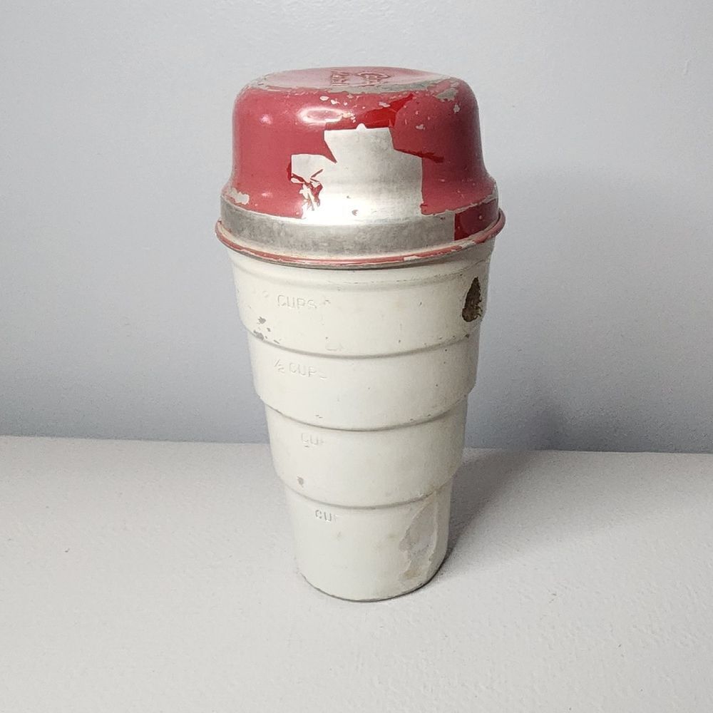Vintage Carnation Malted Milk Shaker 7" Metal Measuring Cup Red White Dairy Malt